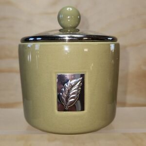 Green Ceramic Jar Silver Metal Lid Canister Kitchen Bathroom Storage Leaf